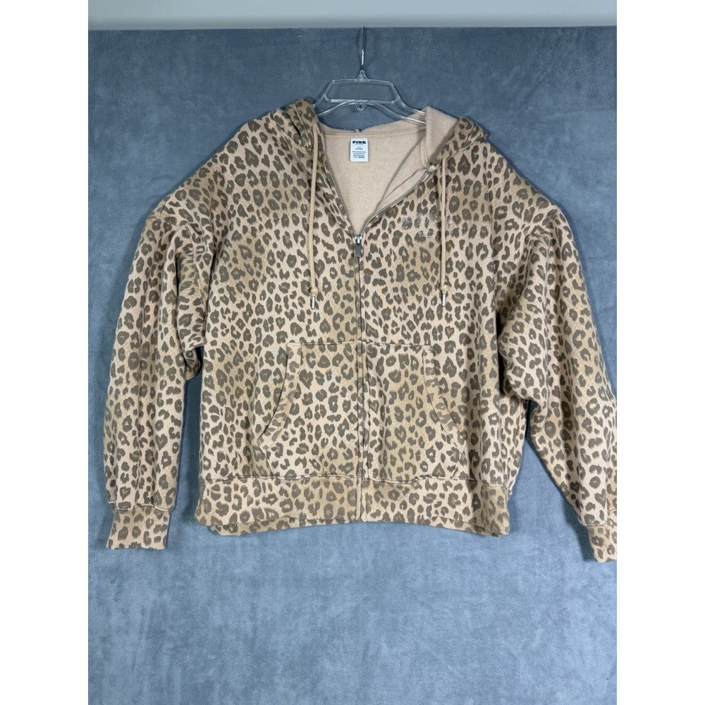 Victorias Secret Pink Leopard Campus Full Zip Hoodie Foil Logo Size Large